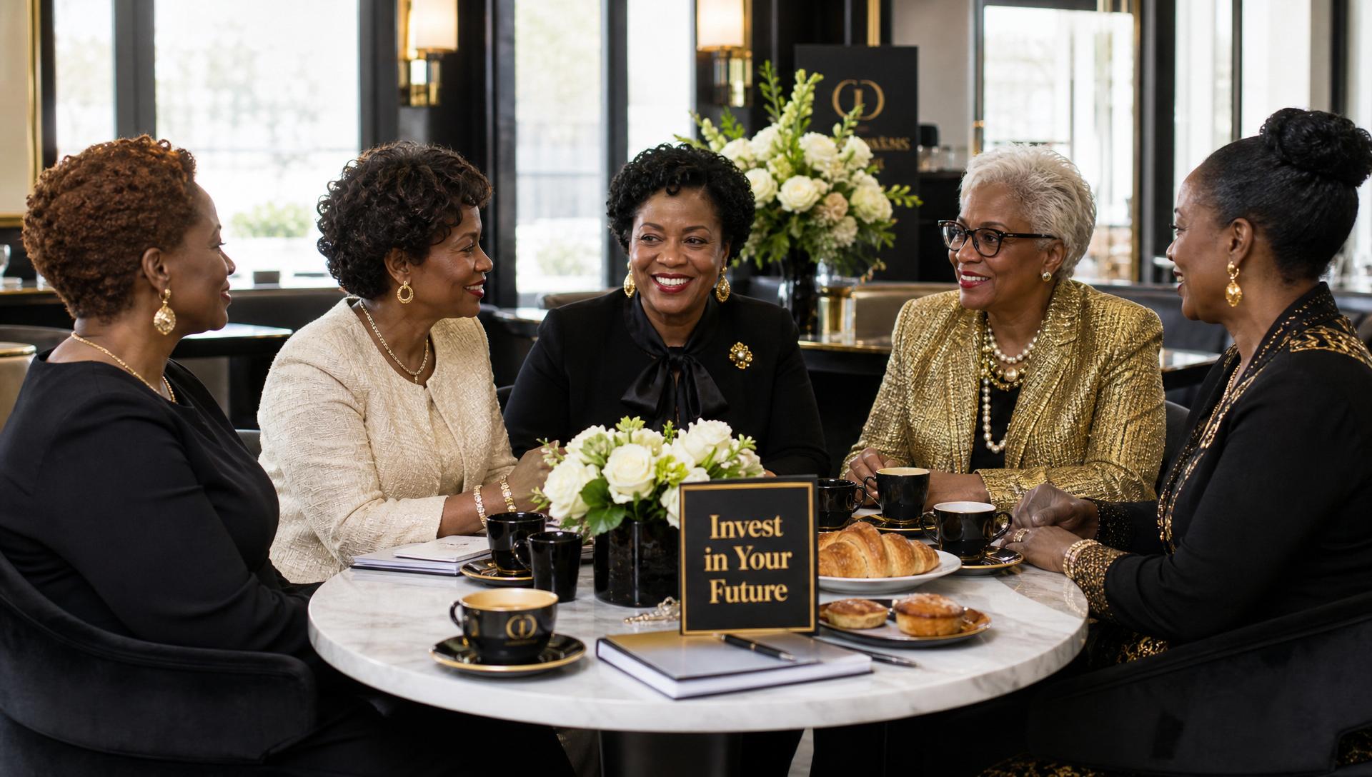 Women gathered at an elegant brunch table discussing retirement planning